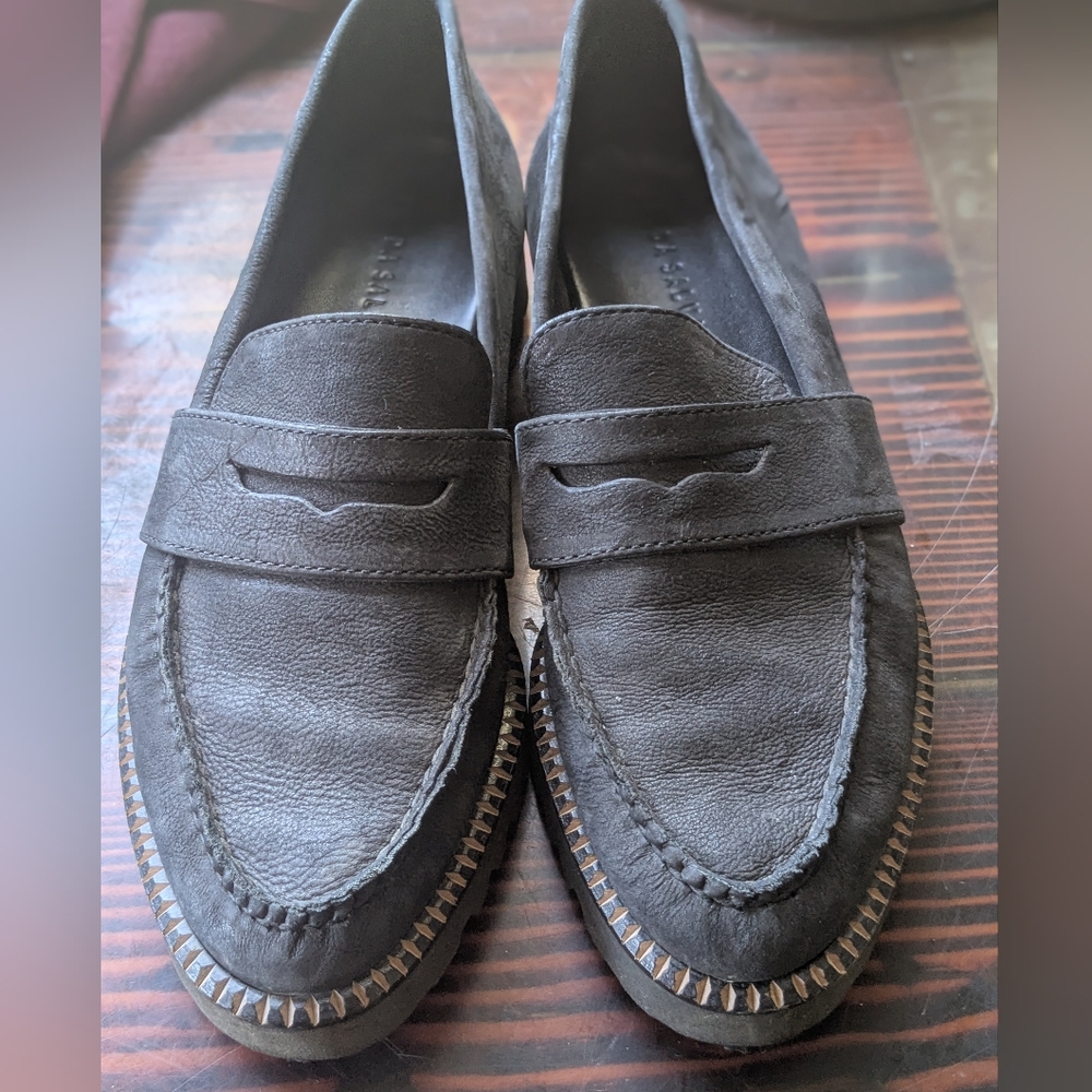 FRĒDA SALVADOR Black Leather Penny Loafers with Studded Welt – Size 8